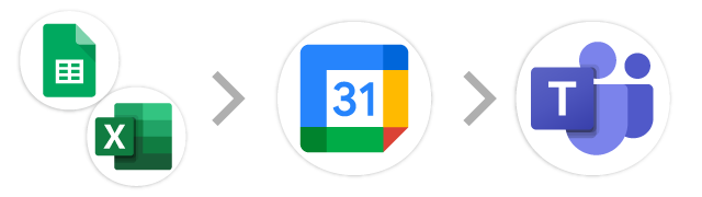Excel/スプレッドシート→Googleカレンダー→Microsoft Teams